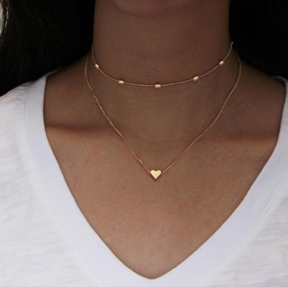 2 Layer Heart Chain Necklace Choker - Picture 3 of 3